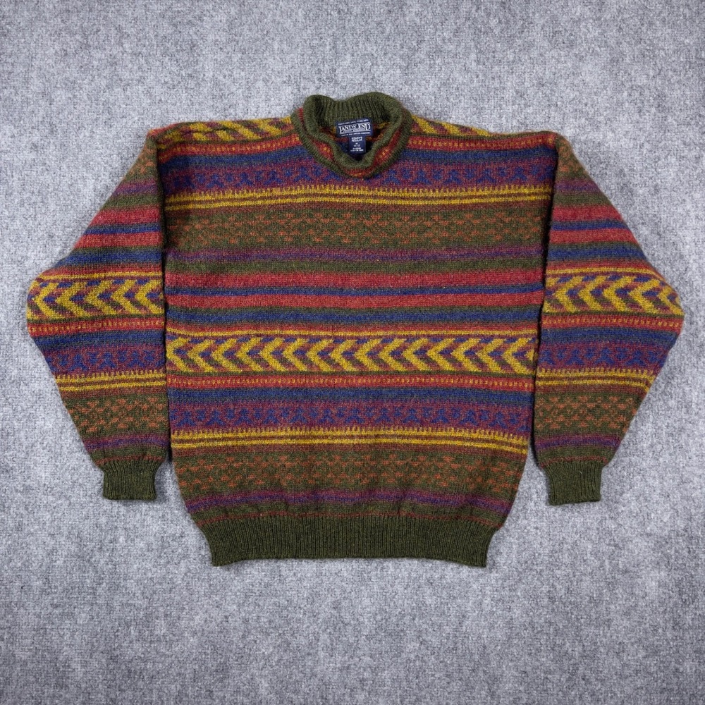 Vintage Lands End Sweater Womens M Green Fair Isle Shetland Wool UK Knit RN62830